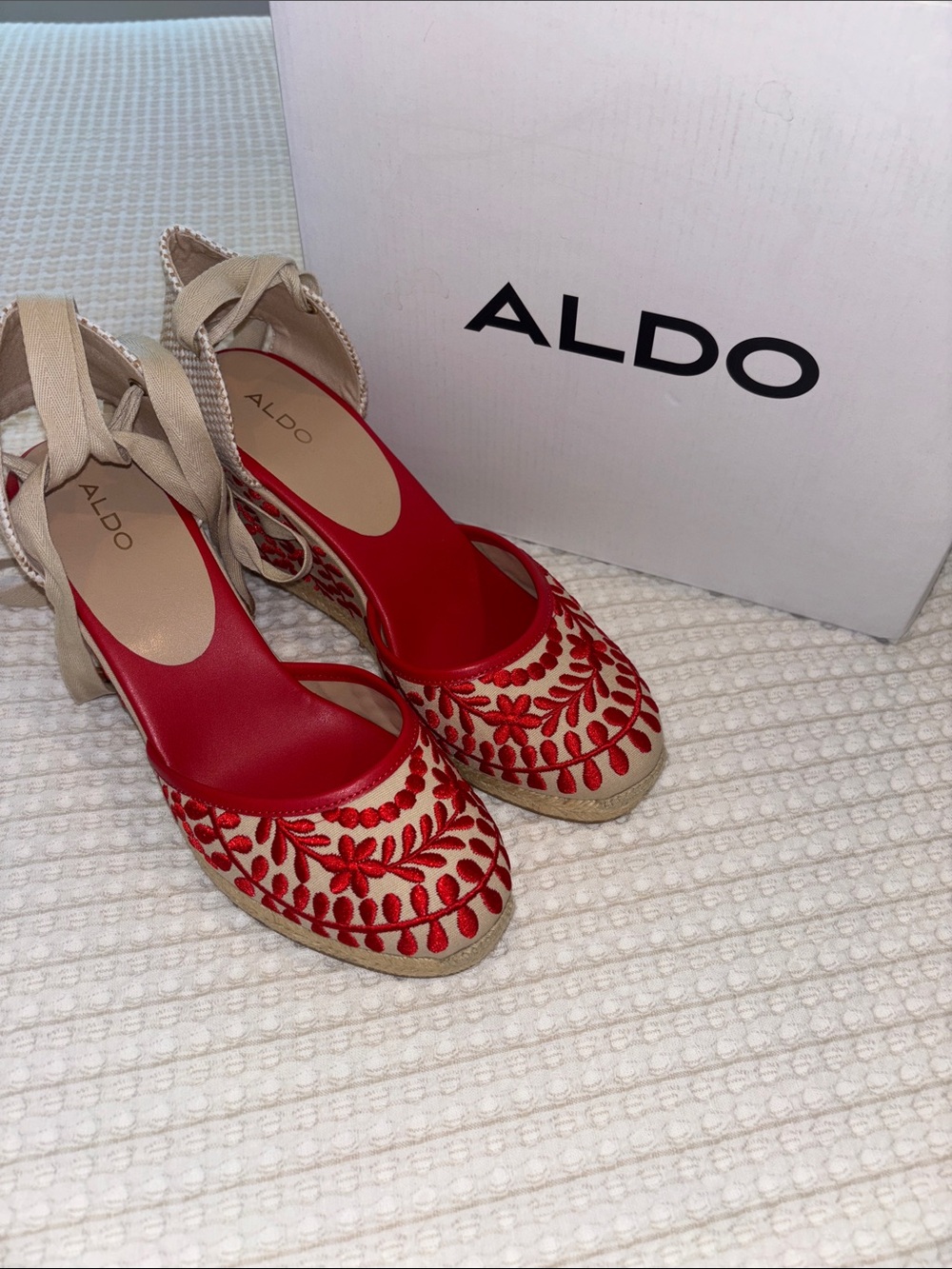 ALDO Red Embroidered Espadrille Wedge Sandals with Tan Ankle Ties